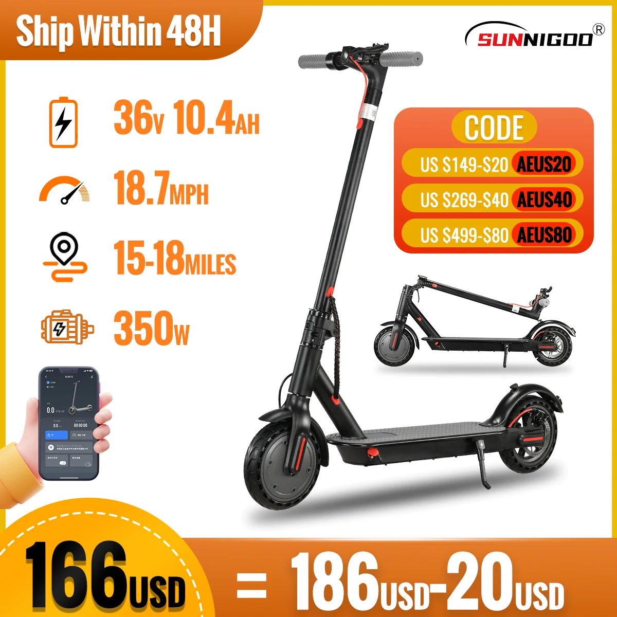 Adult Electric Scooter 36V 10.4Ah Escooter Kick Scooter with APP Lightweight Long Range 30km Scooters 350W