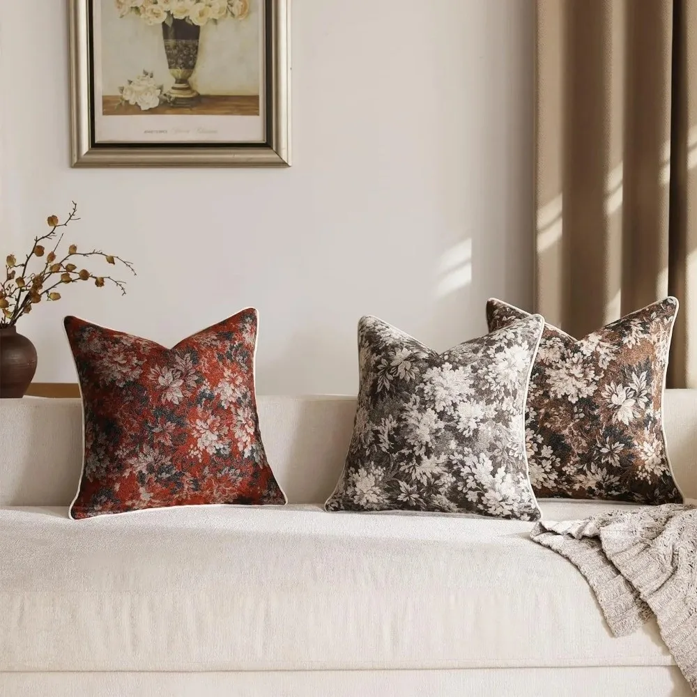 Jacquard Weave Floral Throw Pillowcase Yarn-Dyed Chenille Fabric Accent Couch Pillow Soft Texture 18x18 Inch Square Pillowcase