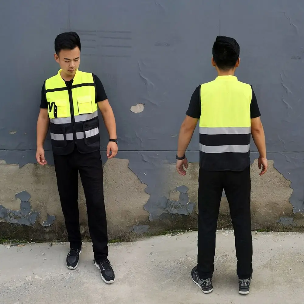 L-XXXXL Reflective Vest Security High Visibility Traffic Safe Clothing Pockets Design Black&yellow Color Matching Safety Wear