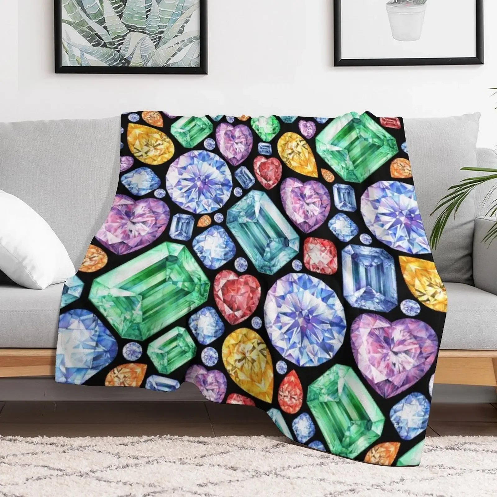 Colorful Gemstone Painting. Sparkling Gem Print on black Throw Blanket sofa bed Loose Blankets