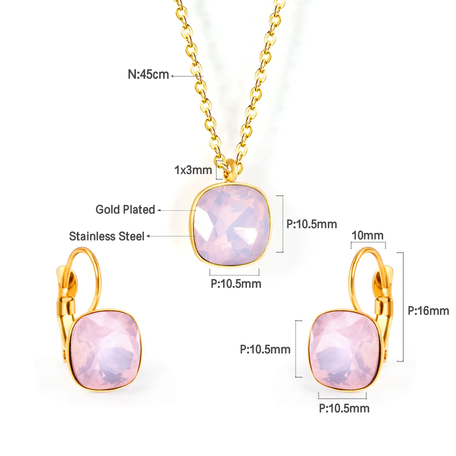 Square Multiple Color Crystal Pendant Necklace & Earrings Set