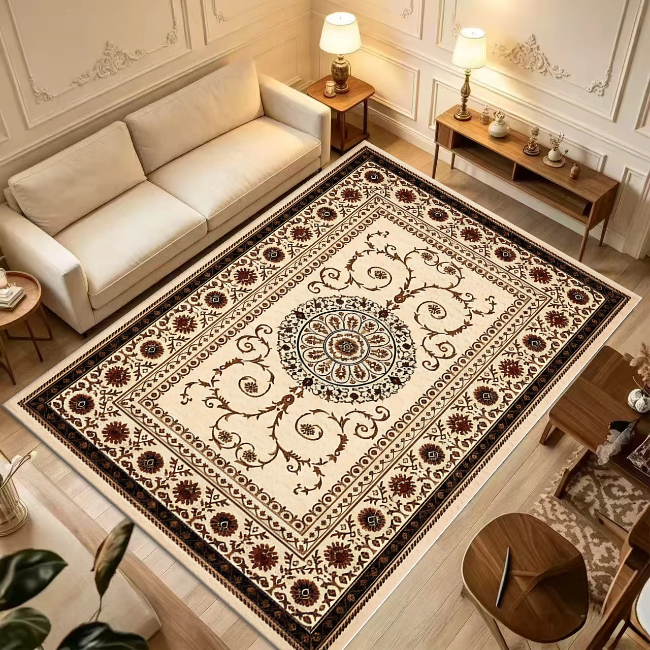 Cream Brown European Classical Floral Square Area Rug Non‑Slip Ornate Floor Carpet for Living Room Bedroom Home Decor