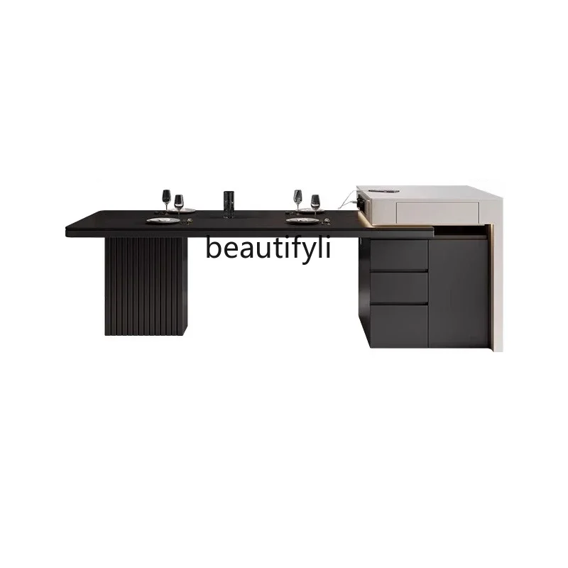 

High-endrock slab island dining table integrated Italian light luxury household rock slab dining table retractable middle island