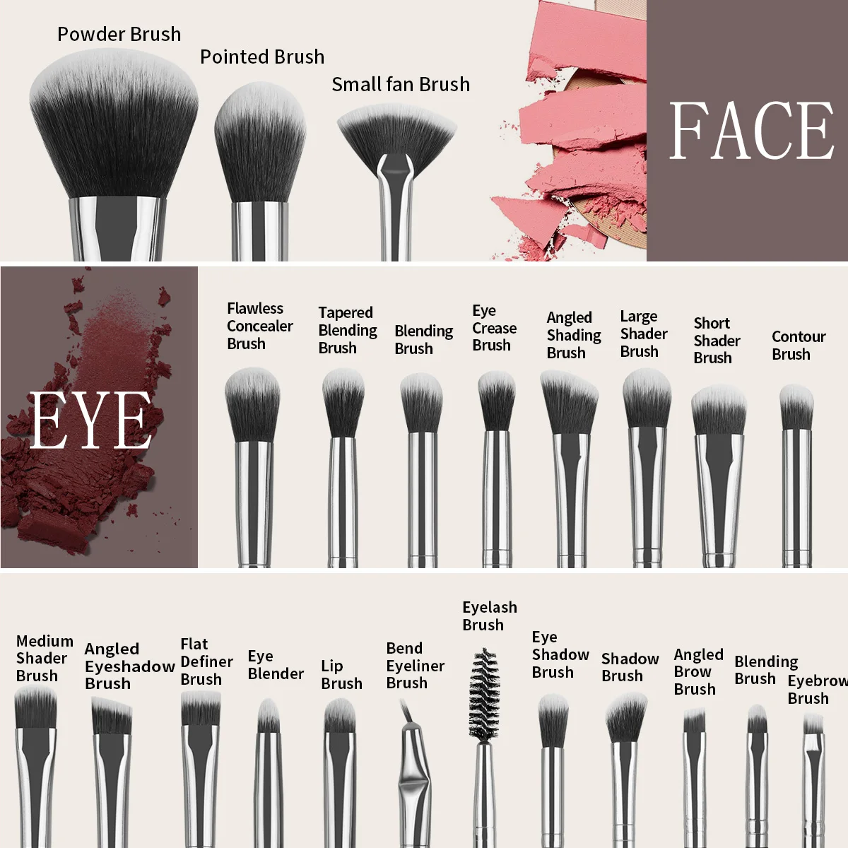 MAANGE 메이크업 도구 키트, 파운데이션 아이섀도우 브러시, 파우더 퍼프 스폰지 청소 매트, 여행용 풀 세트, 30PCs, 20PCs, 8PCs