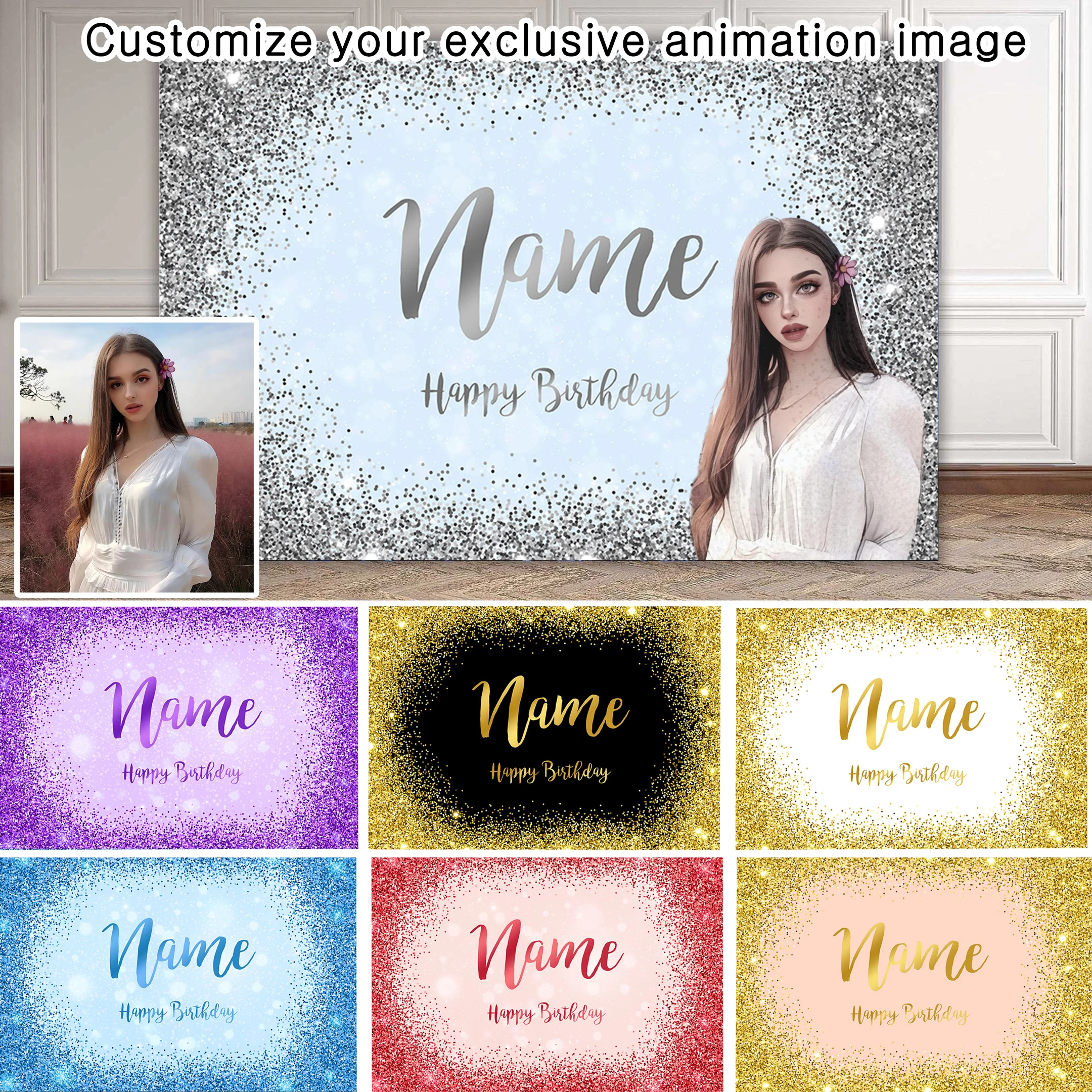 Customize Personalized Animated Adult Name Photo Gold Silver Glitter Birthday Party Decoration Banner Backgrounds DIY Photograph