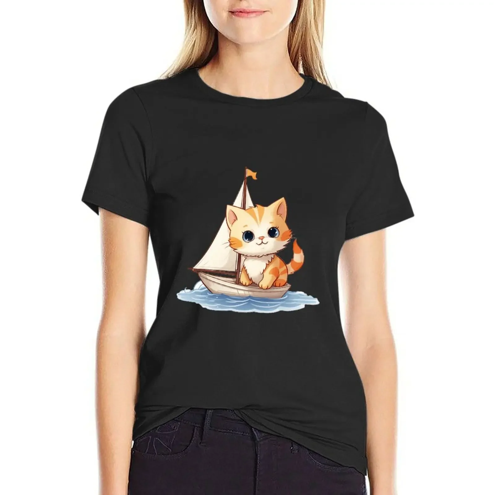 

Cute little orange kitty drive a sailboat T-shirt Short sleeve tee aesthetic clothes t shirts for Womens