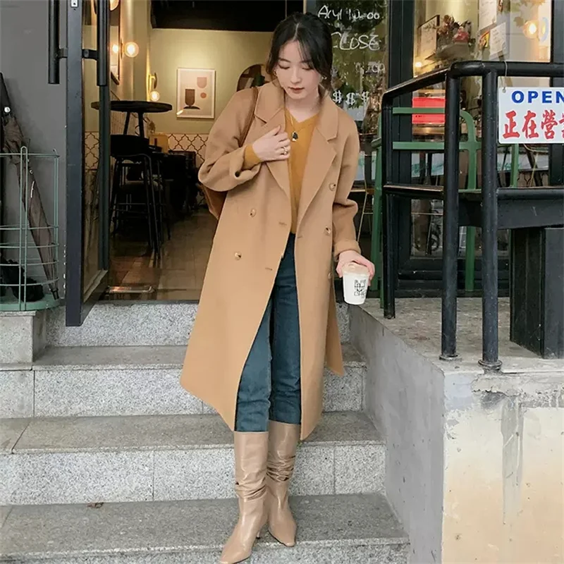 

Double-Sided Cashmere Coat Female 2022 Autumn Winter New Korean Version Loose Medium-length Camel Foreign Style Thin Woolen Coat