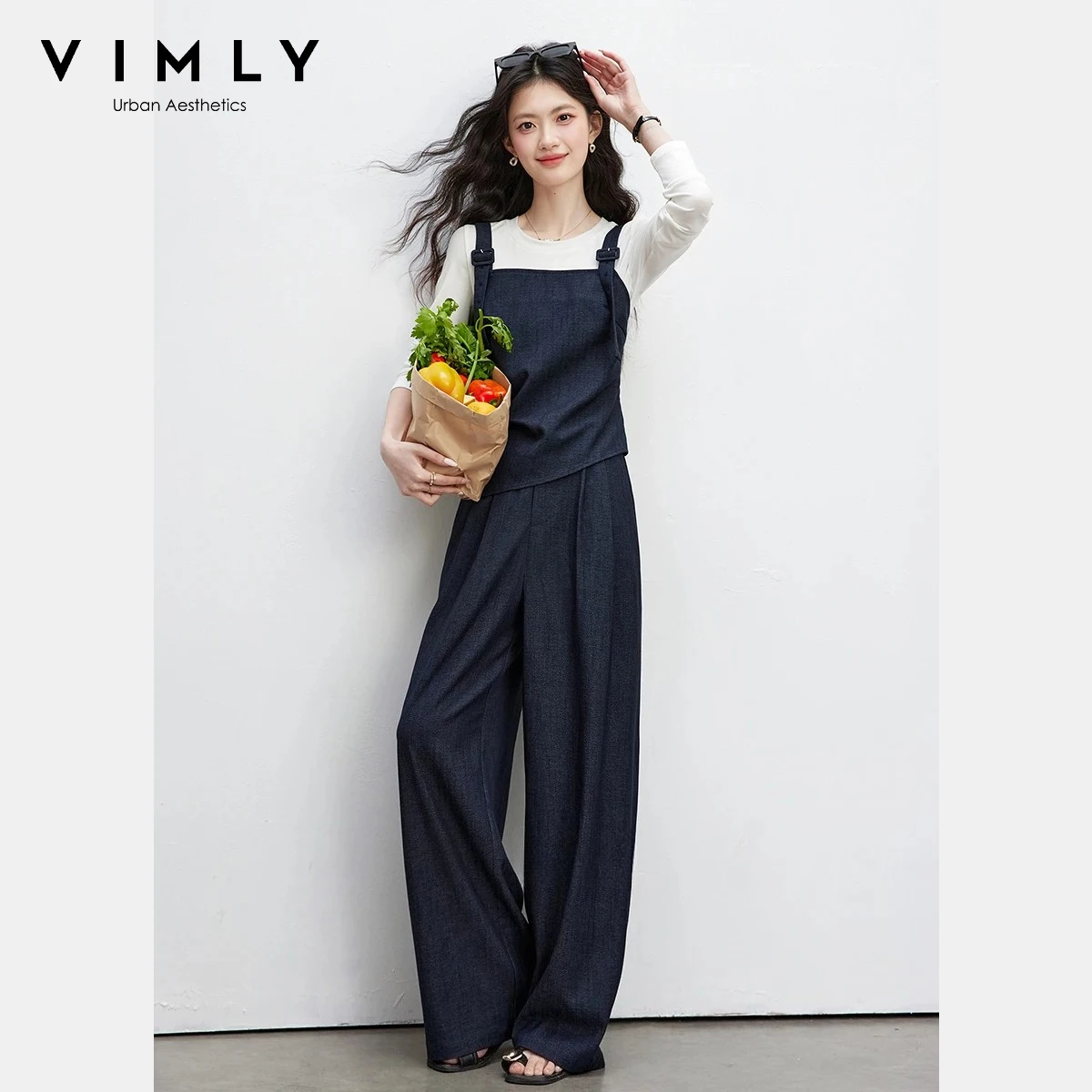 

VIMLY Women's Navy Blue Commute 3-Piece Set 2026 Spring New Solid Suspender Long Sleeve Top Wide-leg Pants Casual Sets A3812