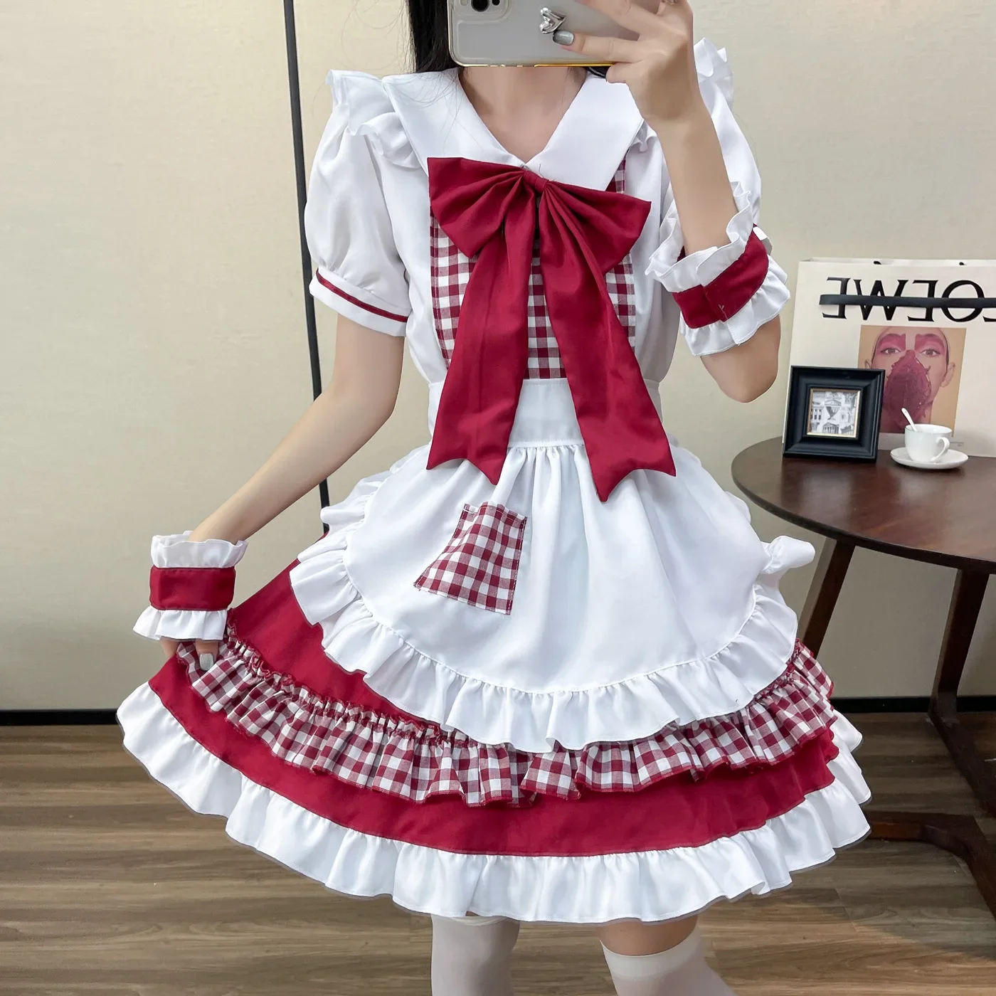 Disfraces de sirvienta a cuadros para mujer, S-5XL de Anime, delantal de Halloween, trajes de sirvienta de restaurante, ropa de fiesta Kawaii Lolita, chica escolar