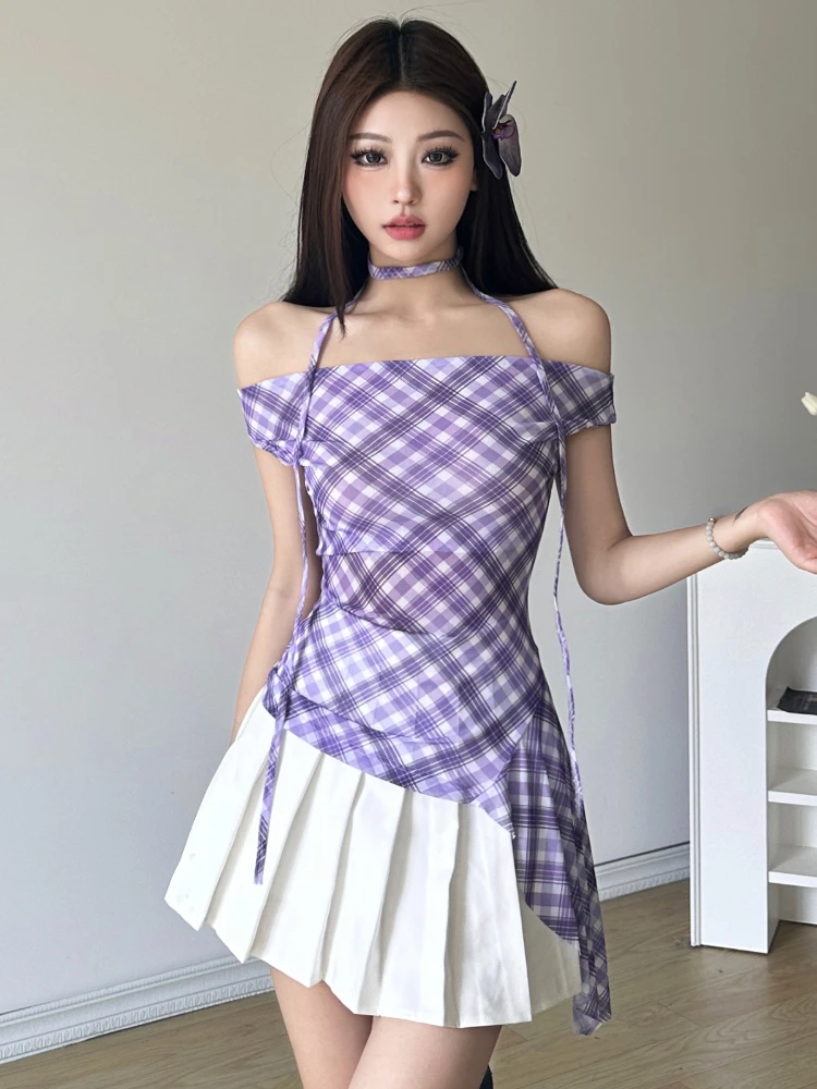 Y2k Aesthetic Vintage Sleeveless Plaid Blouse Women Summer Casual Sexy Lace-up Shirts Japanese Sweet Streetwear Irregular Tees