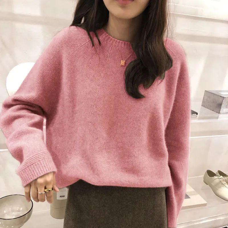 Autunno inverno addensare caldo maglione di cachemire donna Harajuku sciolto Basic O collo pullover solido semplice tutto abbinato maglieria maglioni