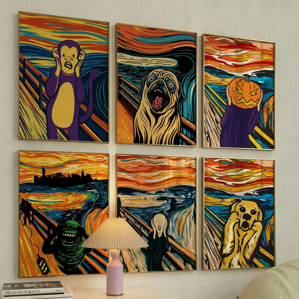 Edvard Munch The Scream Abstract Funny Poster Self Adhesive Wall Stickers Removable Room Decor Aesthetic Space Murals Fancy Gift