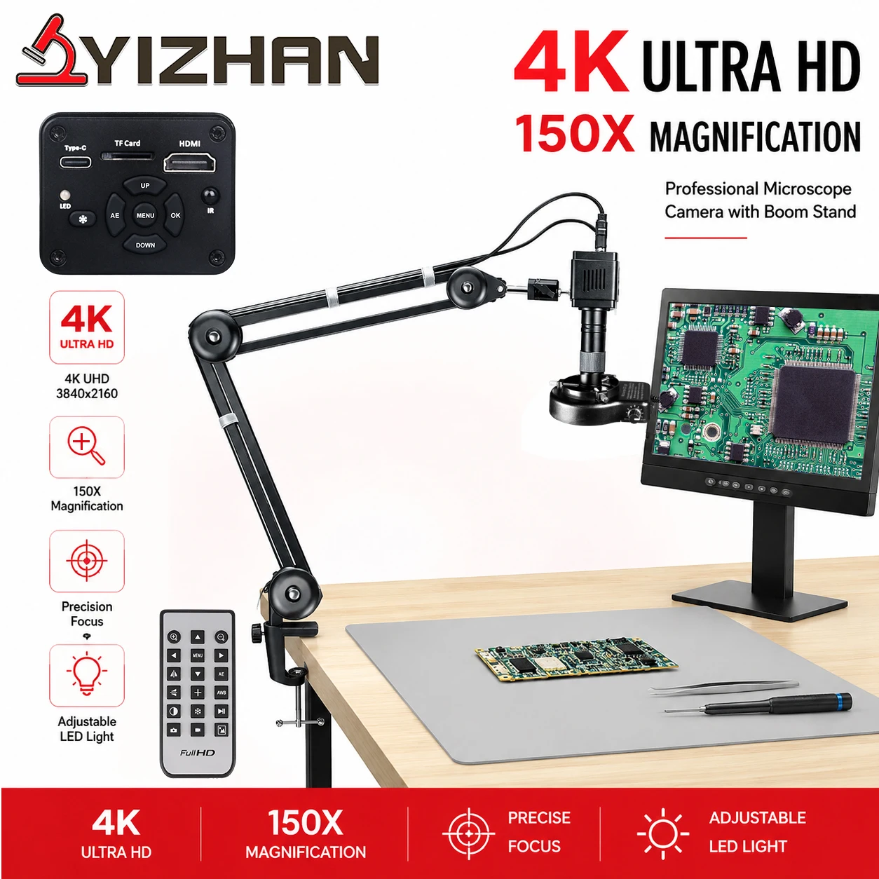 YIZHAN ULTRA HD 4K Electronic Video Microscope 1/1.8'' IMX678 Chip Camera HDMI /Type-C 1080P 60FPS 0-150X Lens For Repair Tools