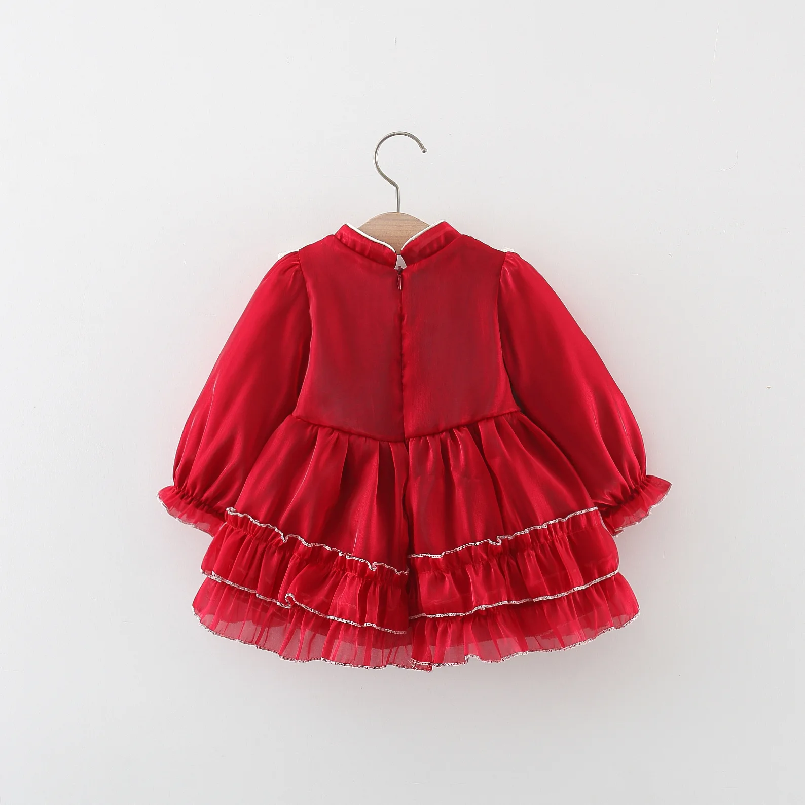 Spring and autumn girls long sleeved dresses baby girls embroidered button up stand up collar solid color lace princess skirt