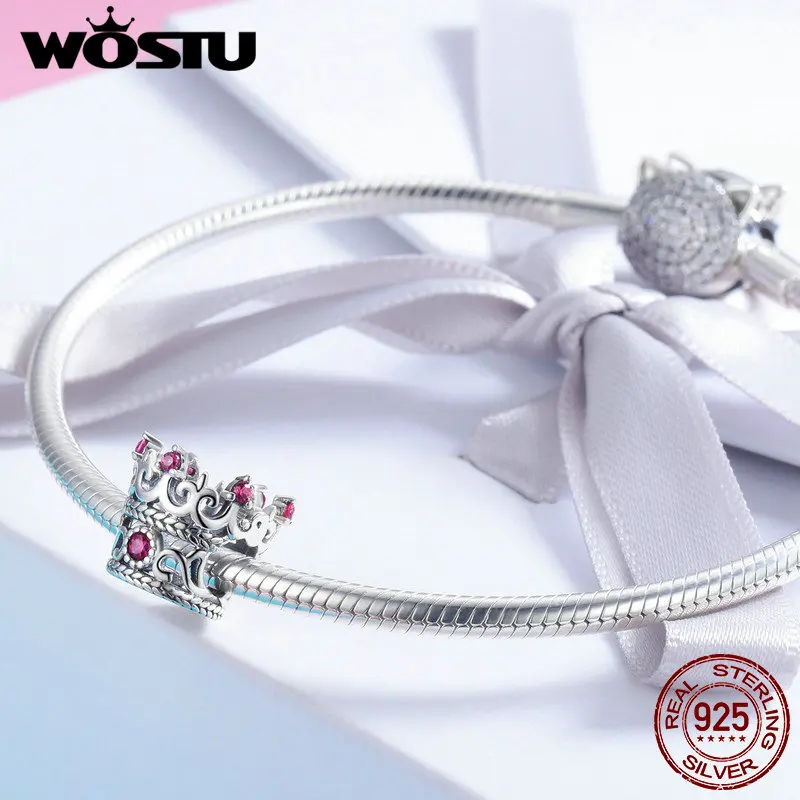 WOSTU 100% 925 スターリングシルバー女王の王冠ピンク CZ ビーズチャームフィットオリジナルブレスレット & ネックレス女性のファッションジュエリー CQC776