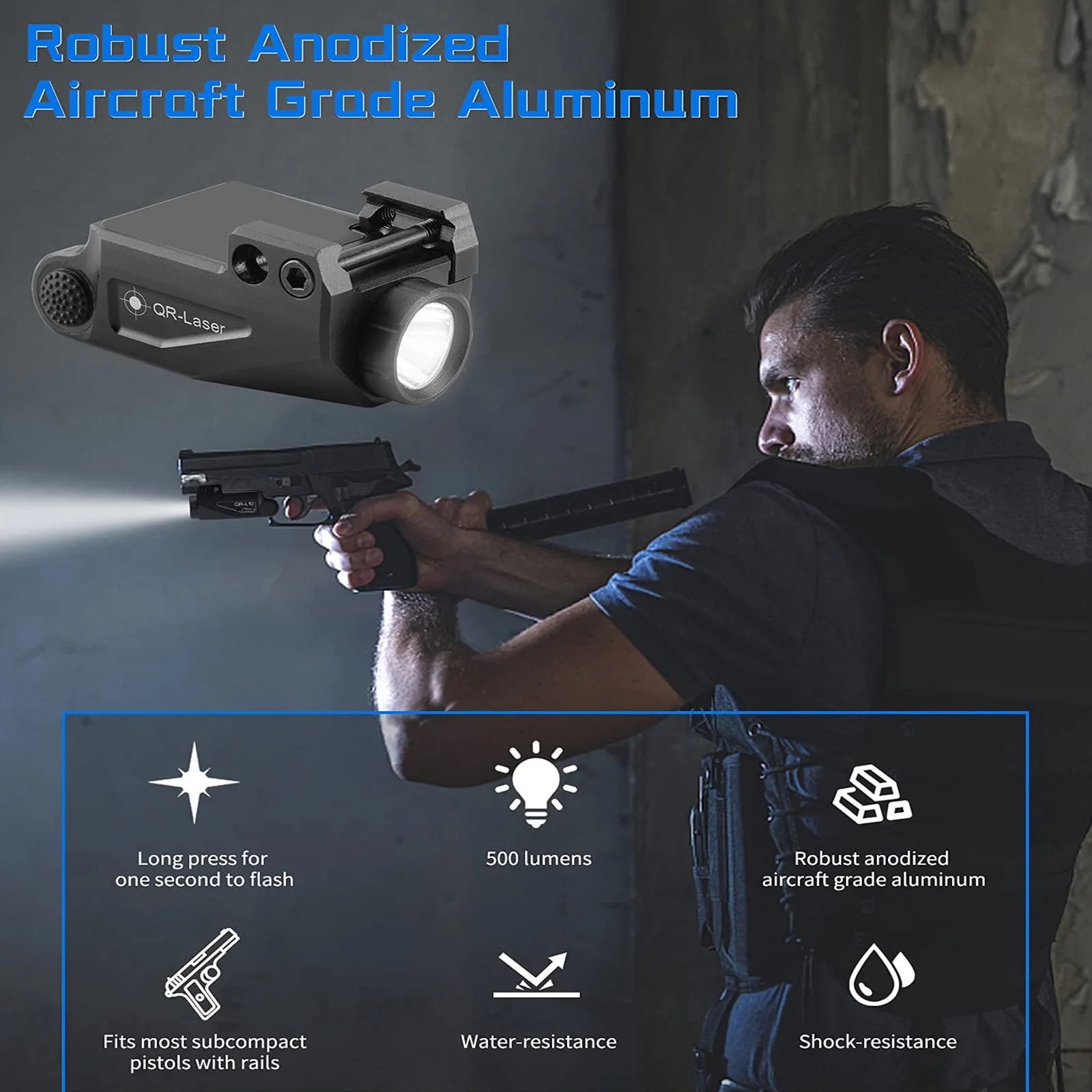 Imagem -02 - Mini Lanterna Tática para Arma 500 Lumens Luz de Arma Recarregável Fits Glock 17 Lanterna Picatinny Alumínio Anodizado