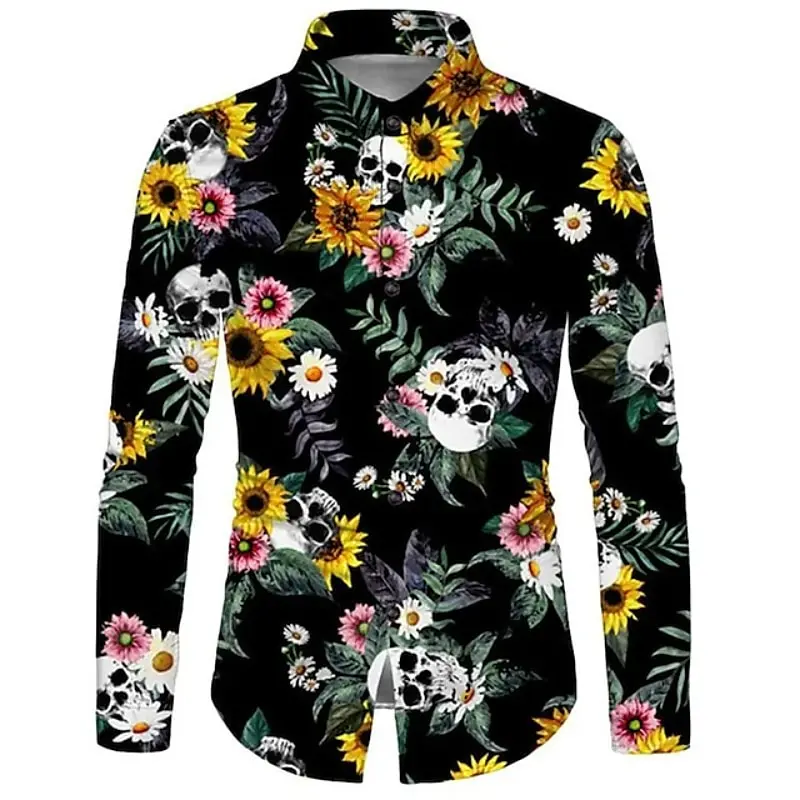 Men\'s Shirt Floral Skull Rose Sunflower Cuffed Street Long Sleeve Button Print Clothing Fashion Fashion Button Design