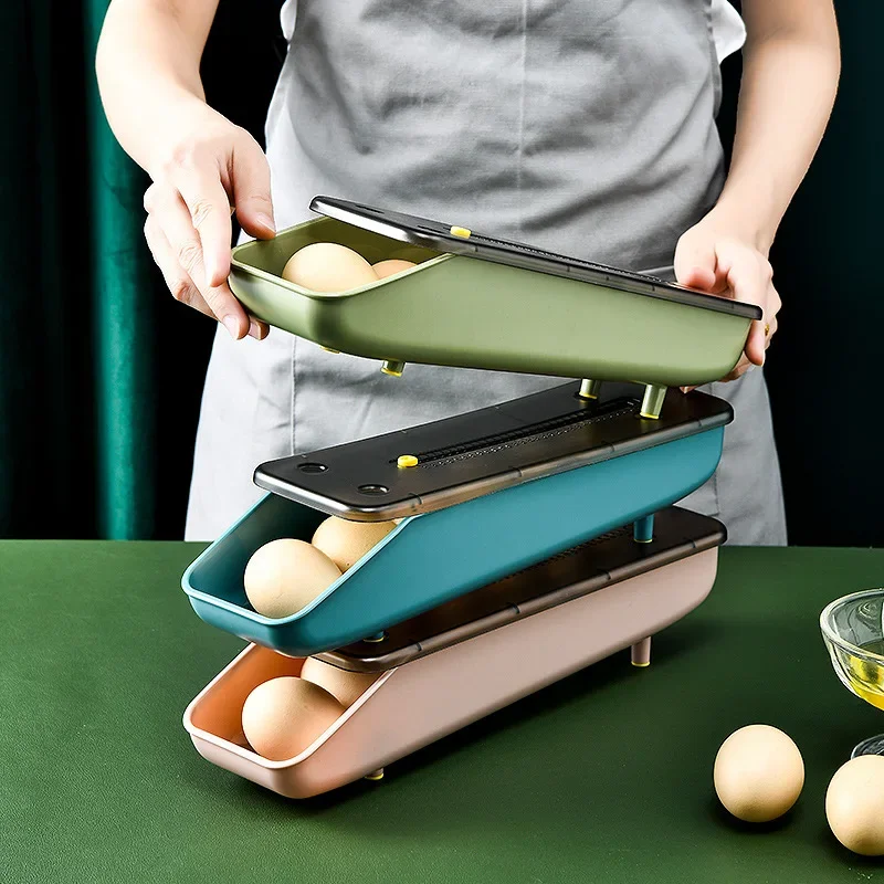 Mehrschichtiger automatischer rollender Eierkastenhalter, Kühlschrank, Frischhaltekorb, Aufbewahrung, Küchen-Organizer, Behälter