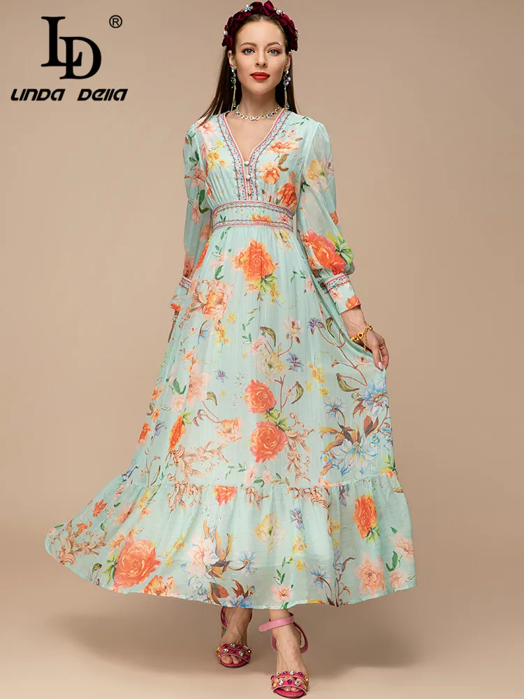 LD LINDA DELLA New 2023 Spring Summer Fashion Women Vintage Elegant Big Swing Long Dress V-Neck Button Slim Floral Print Dress