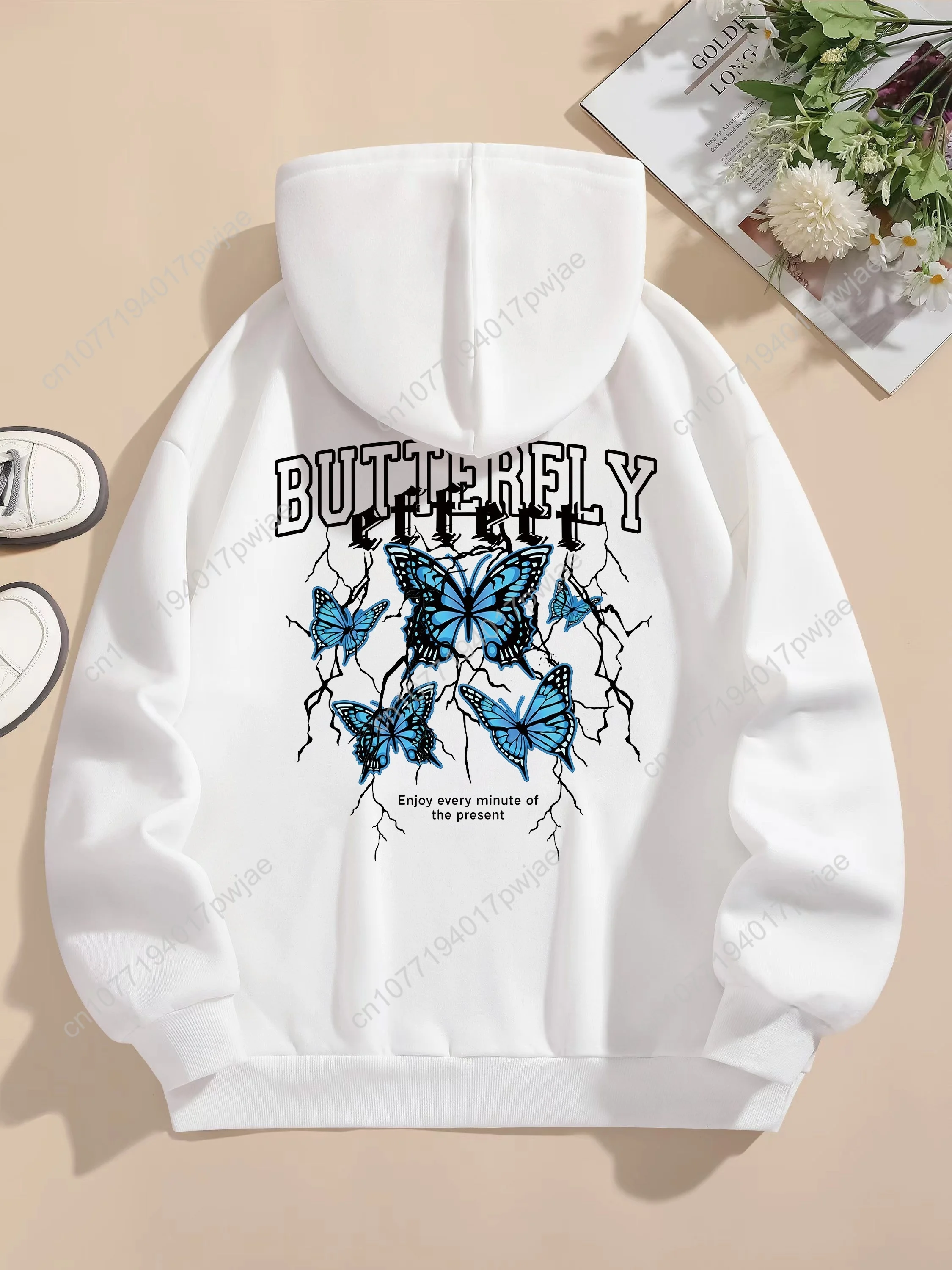 Comoda felpa con cappuccio da donna con grafica a farfalla foderata in pile - Manica lunga casual con coulisse e tasca frontale, lavabile in lavatrice