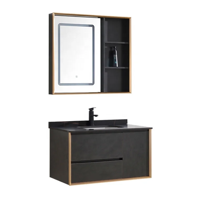 

Лидер продаж, новый дизайн, ванная комната, современный туалетный столик для ванной комнаты, светодиодное умное зеркало, встроенная раковина из спеченного камня