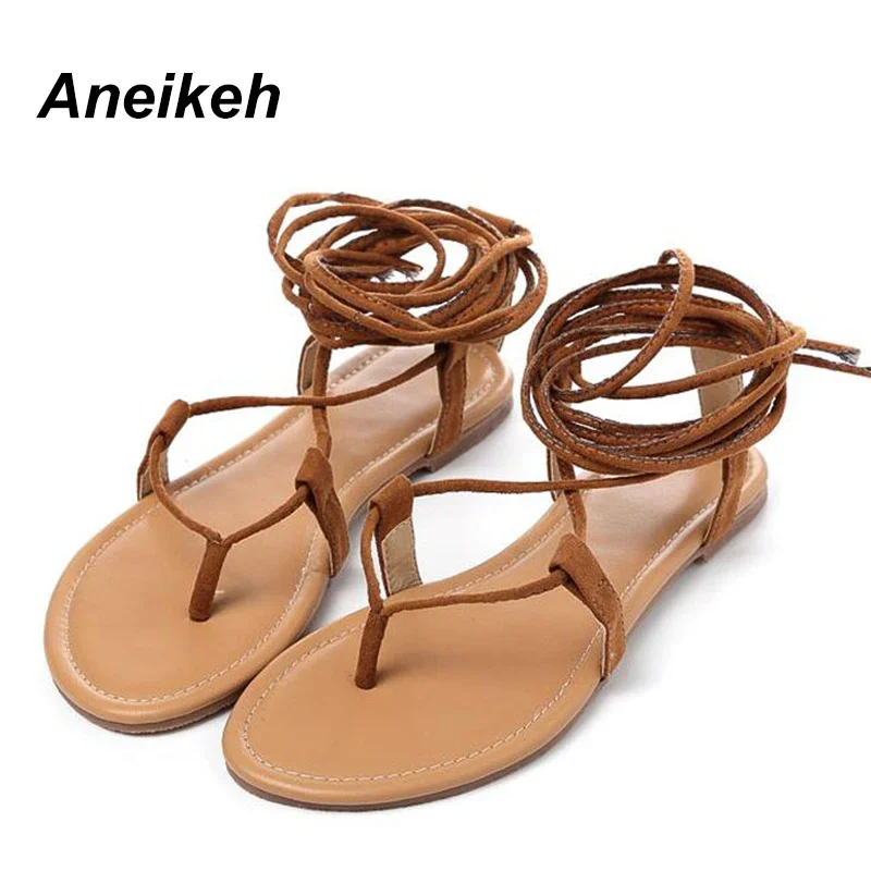 Aneikeh 2024 Summer Roman Flip flops Sandals Multiple Cross-Strap tall knee high Bondage Thong Designer Faux Suede Women Sandals