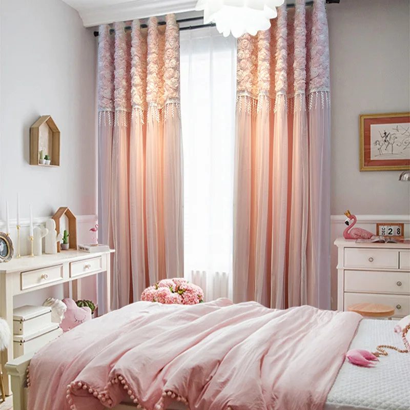 Pink Girl Princess Room Rose Yarn Lace Splice Curtains for Living Room Bedroom Balcony Customized Home Decoration Finish Product