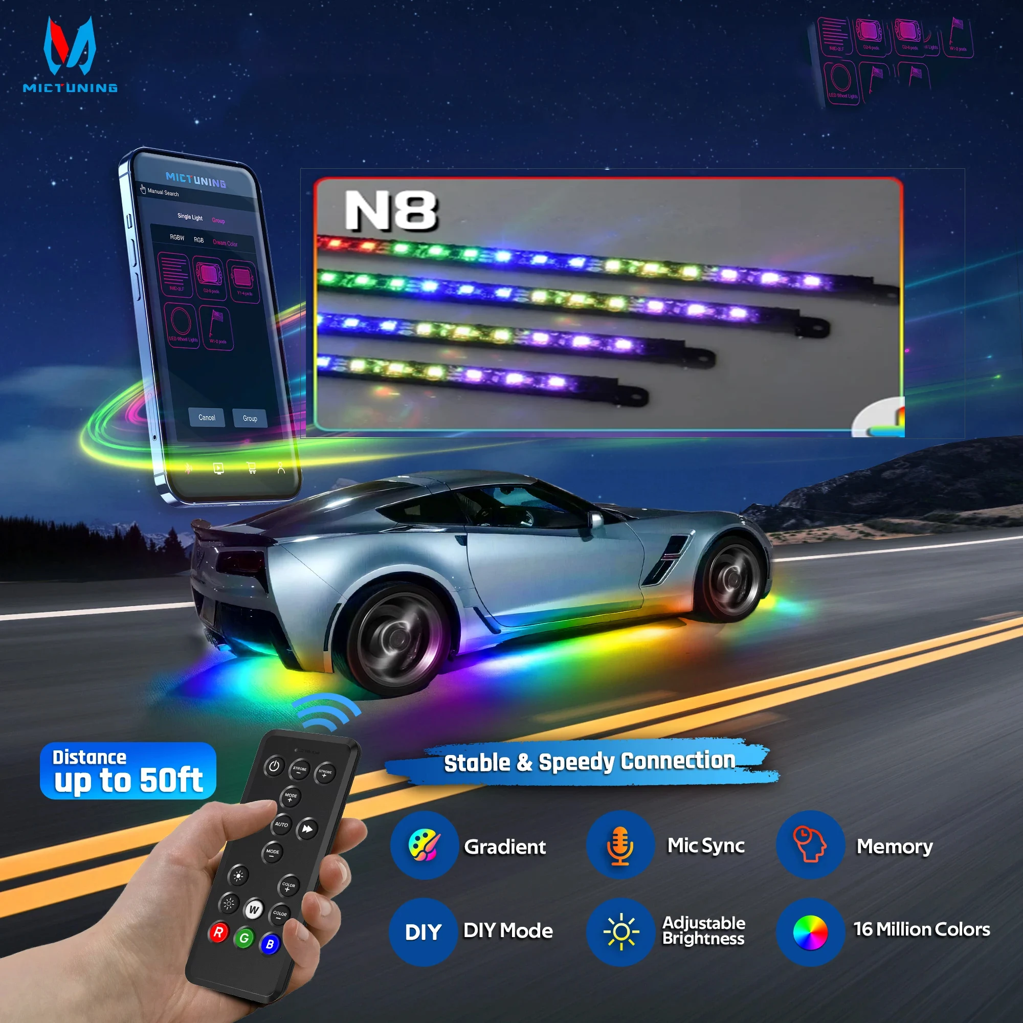 MICTUNING Car Underglow Light Strips RGBIC LED Underlights With Wireless App & Remote Dual Control For 12V Car SUV Trunk Van
