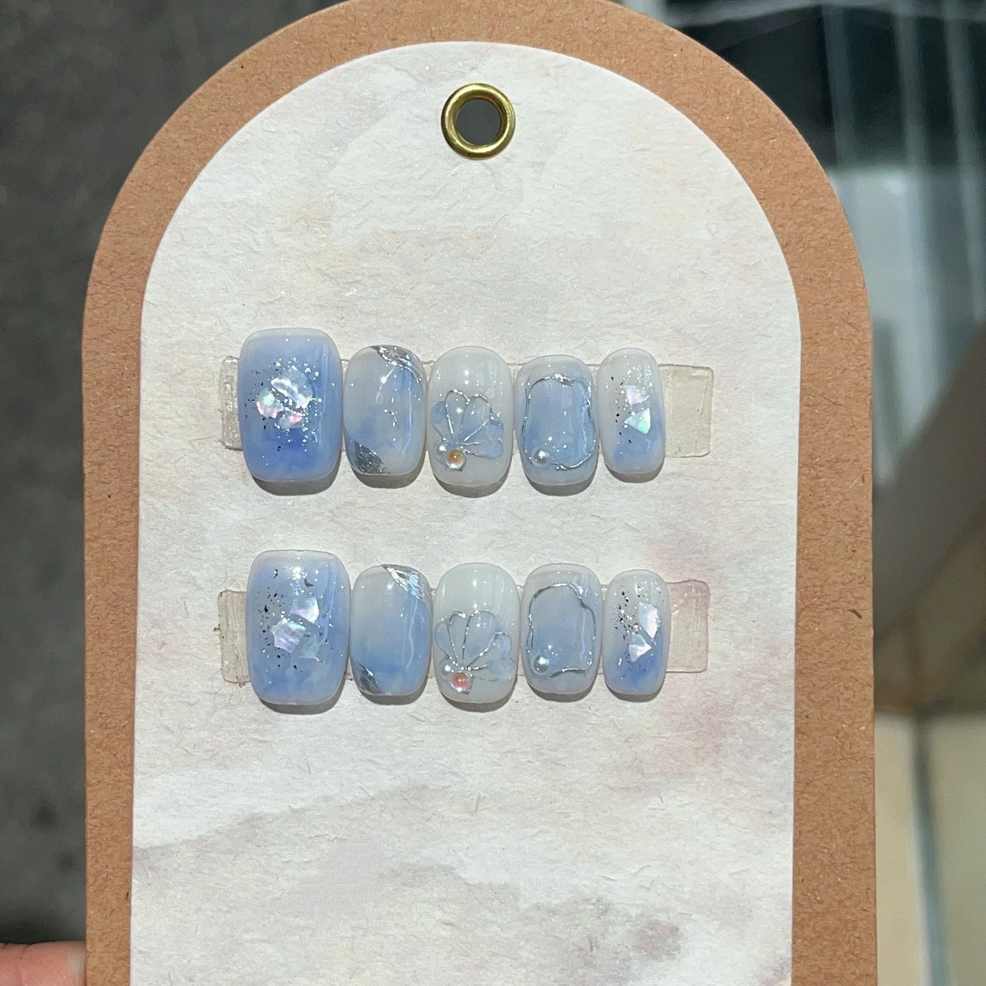 

10Pcs Blue Smudge Handmade Press on Nails Full Cover Shiny Powder Summer Short Ballet False Nails Detachable Manicure Nails Tips