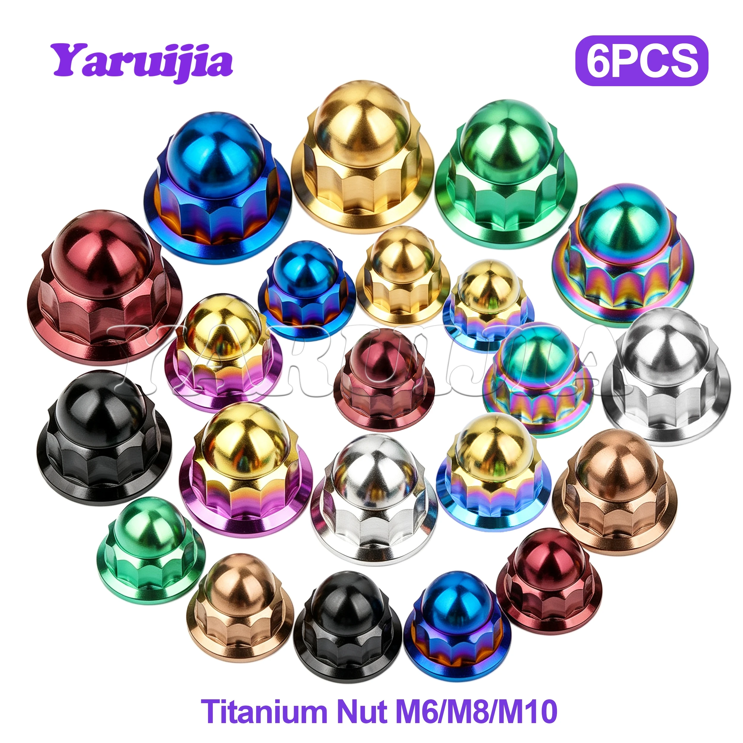Yaruijia 6pcs GR5/Tc4 Titanium Acorn Nut M6 M8 M10 Dome Head Flange Nuts for Modified Bicycle Motorcycle Car