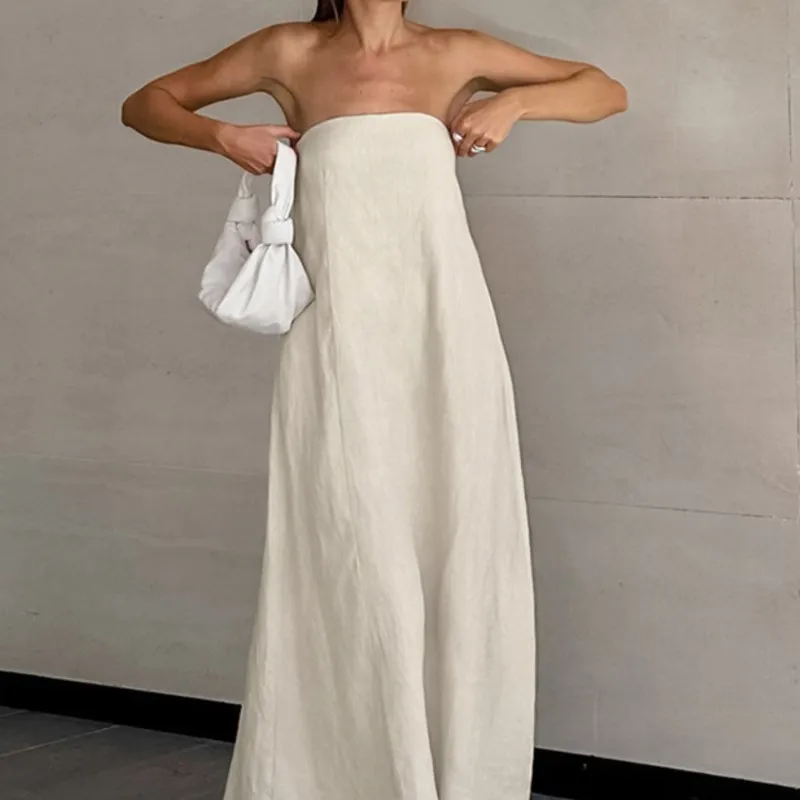 

2025 Summer Sexy Khaki Cotton Hemp Sleeveless Dress For Women's Vacation Leisure Ramie A-line Skirt