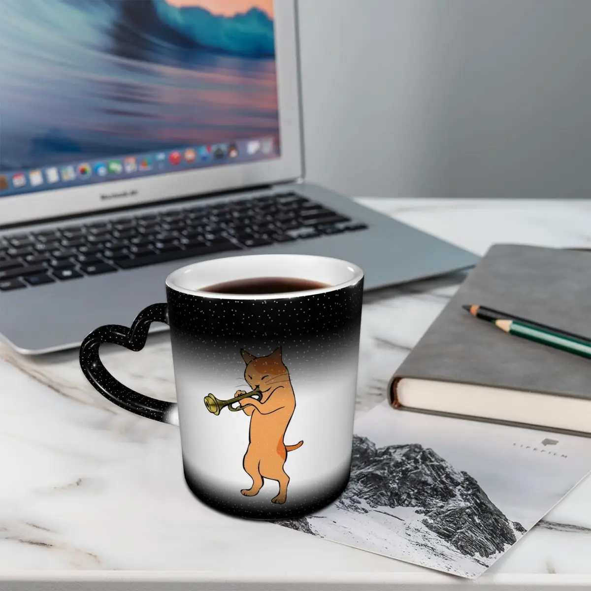 Music Lover Cat Playing Trumpet Mug Funny Ceramic Coffee Cups Tea Mugs Milk Cup Drinkware Gift for Woman Man