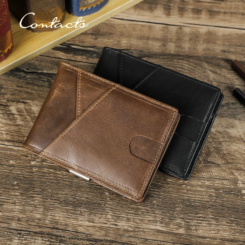 CONTACT'S Genuine Leather Short Wallets for Men RFID Slim Card Holder Coin Purses Money Clips 2023 Male Mini Wallet Photo Holder