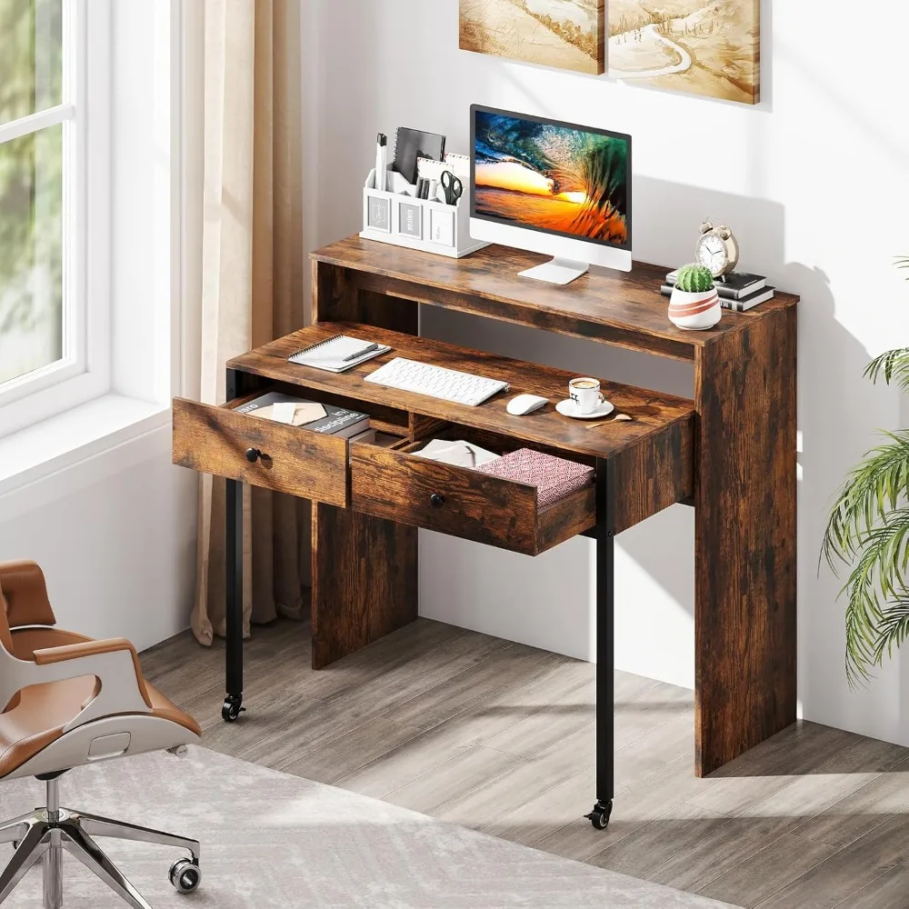 Giantex Small Computer Desk with Hutch & Drawers, Extendable Writing Desk w/Pull Out Secondary Table, Monitor Stand & Rolling Wh
