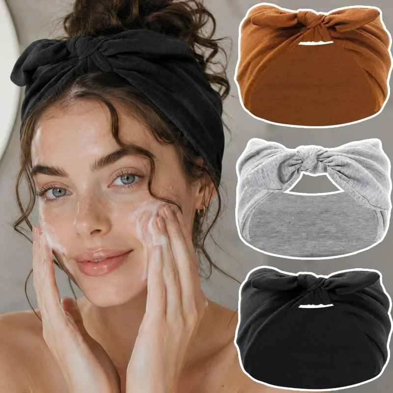 Bow Headband Wide Elastic Hair Band Womens Washing Face Makeup Yoga Fitness Workout Sweatband Solid Color Soft Hair Accessories