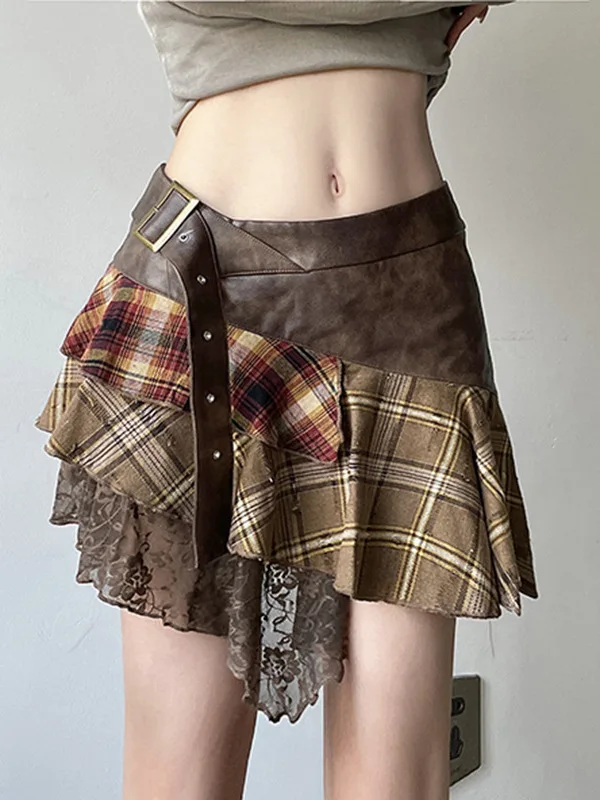 

Casual Plaid Lace Uneven Hemline Women's Skirt Teenage Student Daily Wear Slim Fit ort Skirt Faionable Patchwork