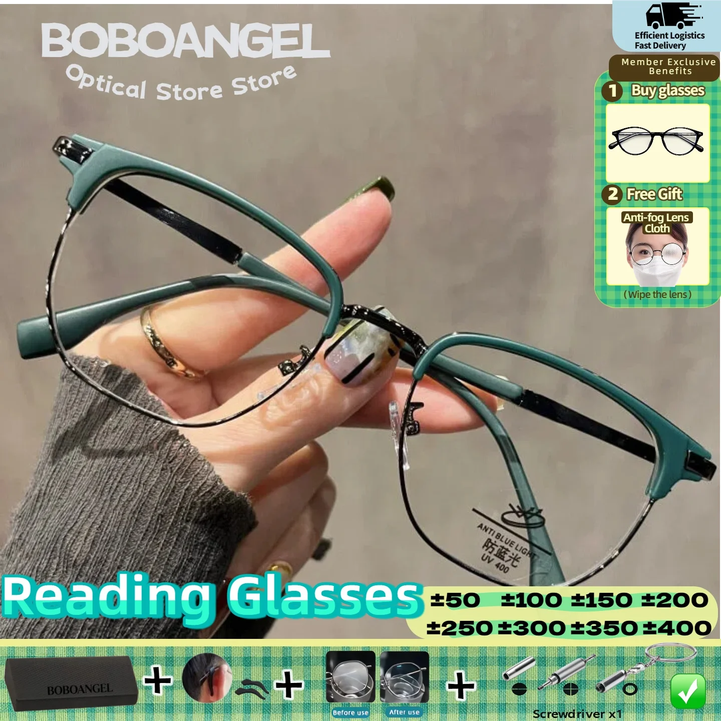

BOBOANGEL Square Eyebrow Frame Reading Glasses Myopia Glasses Anti Blue Light Alloy Everyday Wear Prescription Optical Glasses