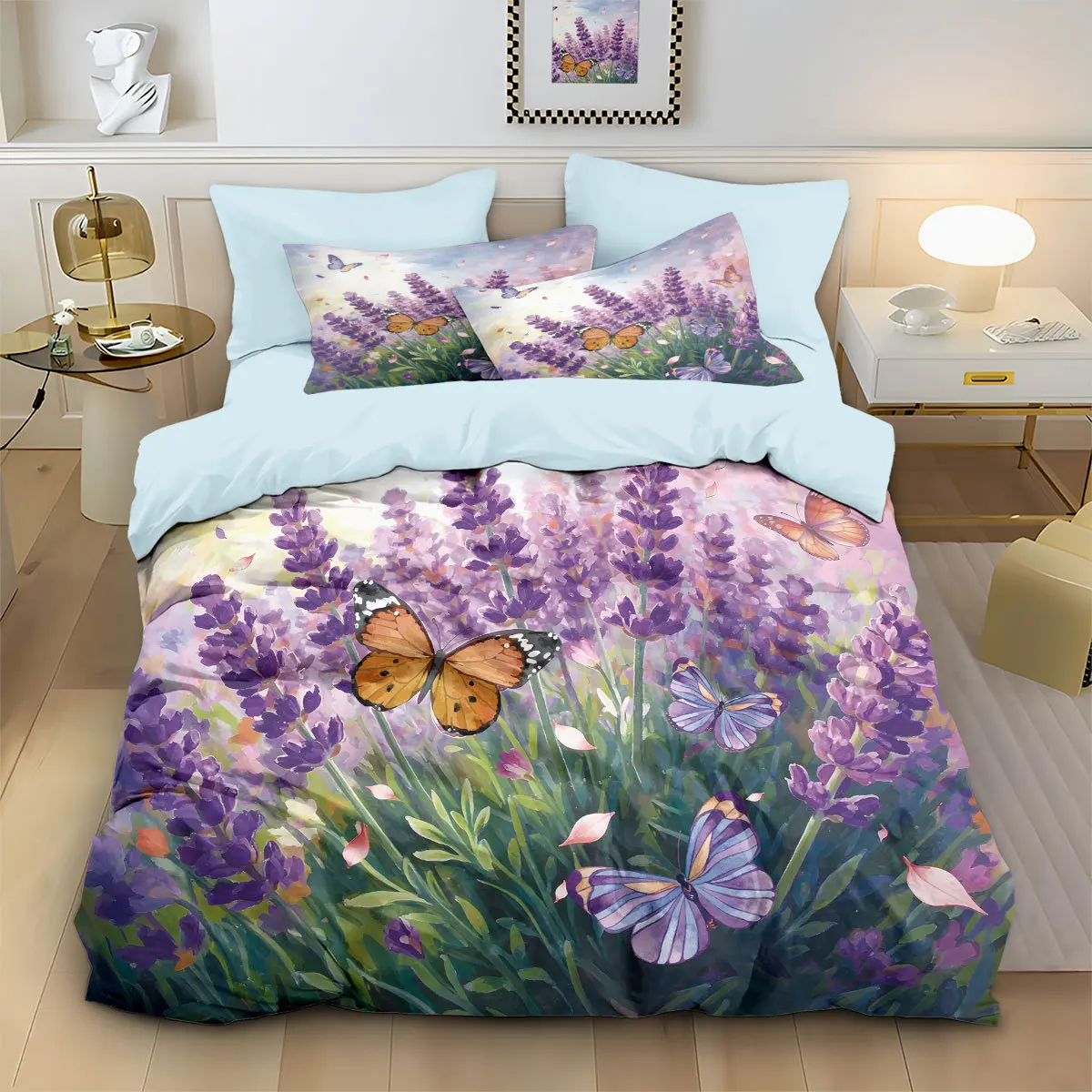 Purple Lavender Bedding Set Heart 3D Print Brushed Duvet Cover for Bedoom Dormitory, 1 Duvet Cover and 2pillowcase with Zipper