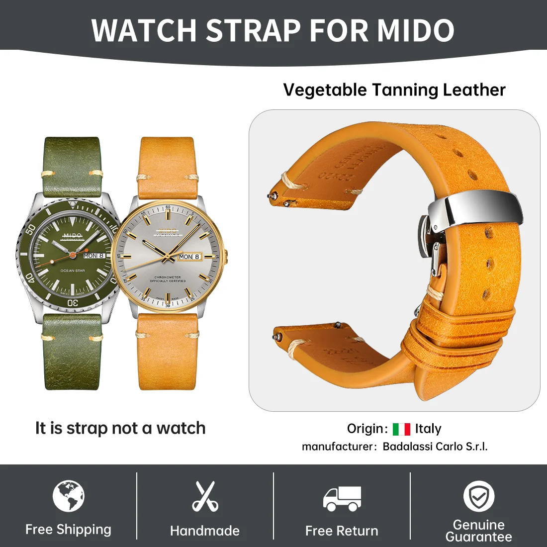 Luxury Quick Release Watch Strap For MIDO Watches Watchbands Italian Vegetable Tanning Cow Leather Watch Band