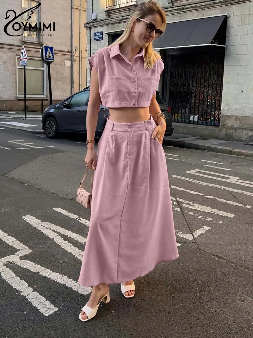 Oymimi Casual Pink Cotton Hemp Sets Womens 2 Piece Fashion Sleeveless Pockets Crop Shirts And Simple Ankle-Length Skirts Sets