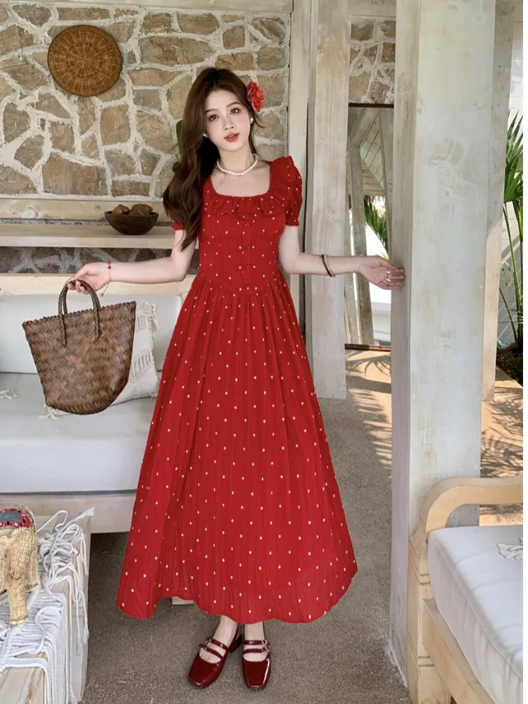 

plus Size Retro Red Polka Dot Bubble Sleeve Dress Women's Summer New Waist Cinched Square Collar Long Dress Korean Style Slim...
