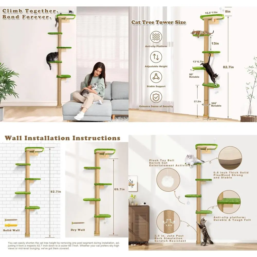 

Зеленая плюшевая настенная полка-когтеточка для кошек с 5 уровнями для игр и отдыха котят