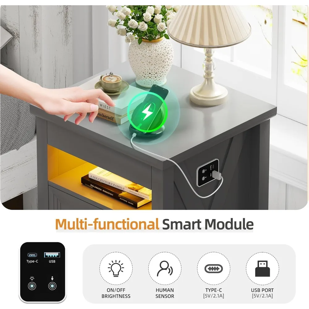 Lockable Gun Drawer Nightstand in 3 Colors with Dimmable LED and Charging Station, Bedside Table with Human Sensor
