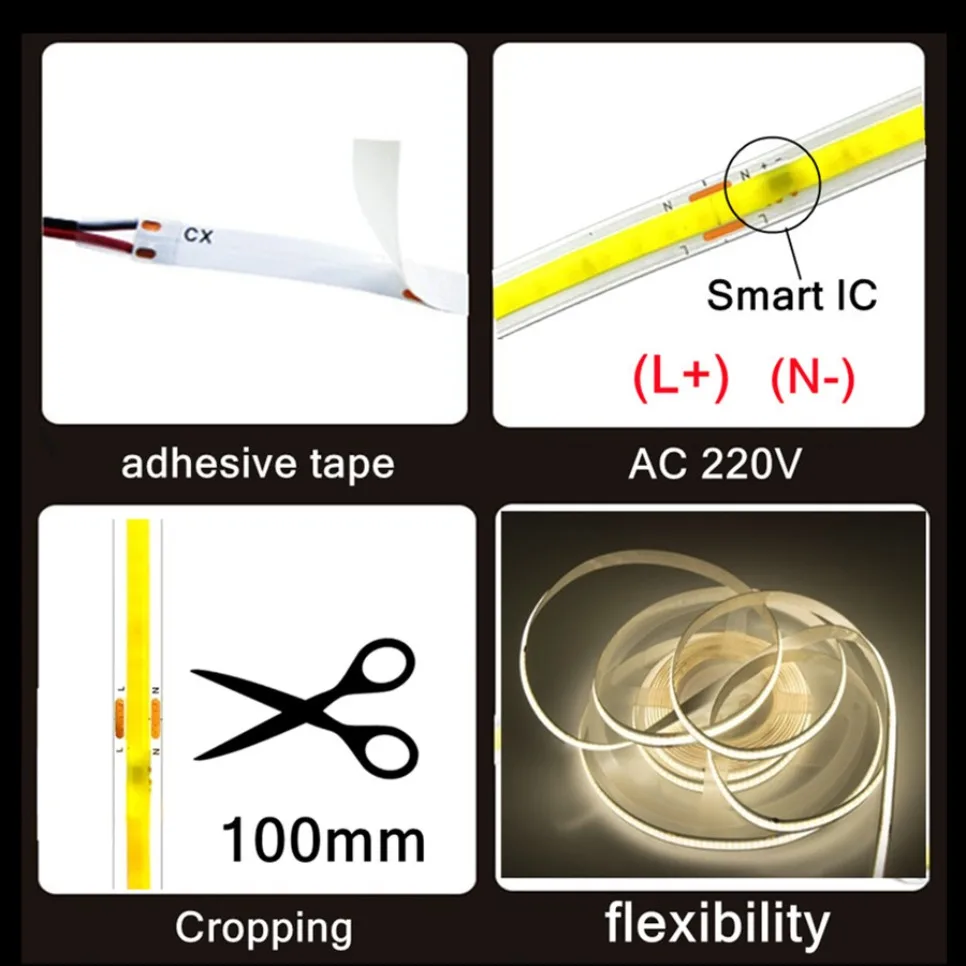 Imagem -04 - Cob Led Strip Light Luzes de Fita Flexível Smart ic Não Precisa de Driver Alta Brilhante 240 Leds Iluminação Linear Branco Quente 220v 10m Ra95