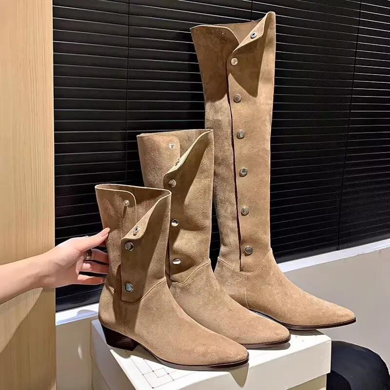 

New Retro Women Shoes Exquisite Suede Western Cowboy Boots for Woman Fashion Buckle High Heeled Boots Designer Shoes Botas Mujer