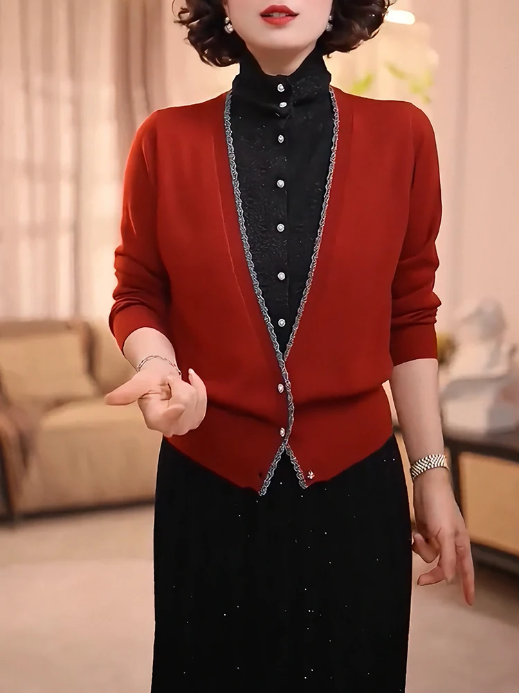 

Faionable Large Size Knitted Lace V-Ne Top Ele Mature Sle Single-Piece Design Luxury Lightweight Autumn New Arrival