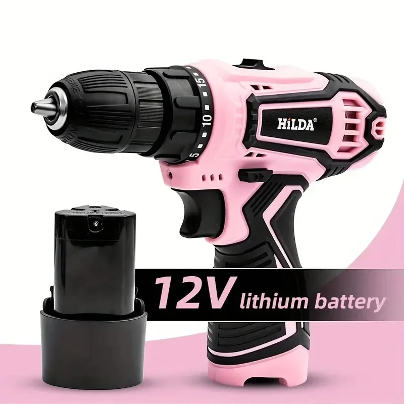 HILDA 12V Lithium Electric Drill Pink Electric Cordless Screwdriver Perforated Hand Mini Drill Power Driver