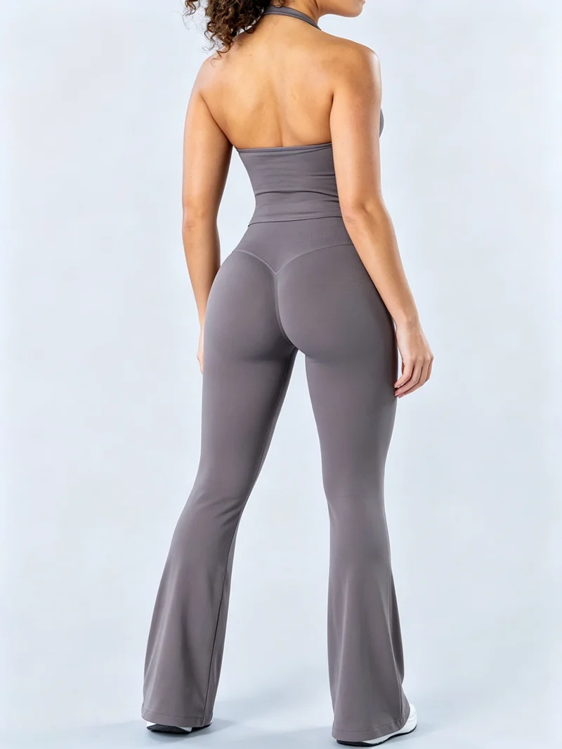 

2 Pcs HISTELLO Flares Leggings Set Seamless Women Gym Halter Top Suit Sexy Yoga Clothing Solid Color Fitness Flare Pants Set
