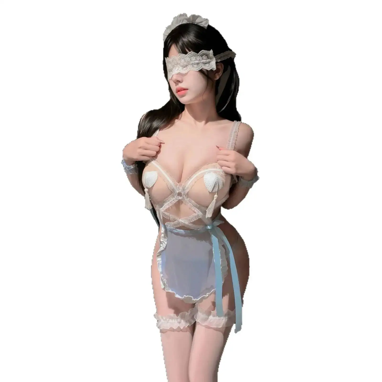 

Plus Size Sexy With Bowknot Cross-Strap Maid Uniform Lace Fun For Couples Backless Deep V Suspenders Sleeveless Dress Charm Y57I