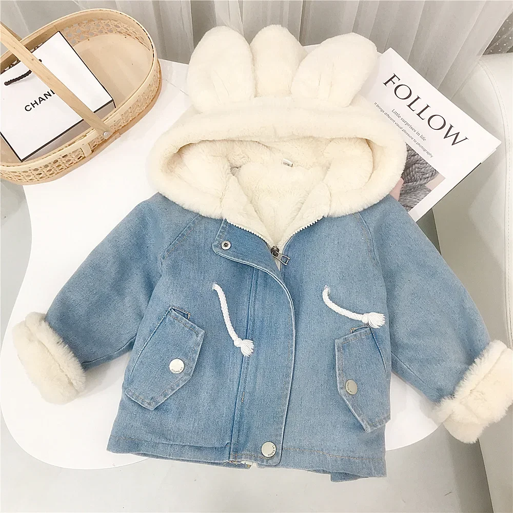 Chaqueta vaquera con capucha para niños y niñas, abrigo vaquero de piel cálida con orejas de conejo, prendas de vestir exteriores de terciopelo,